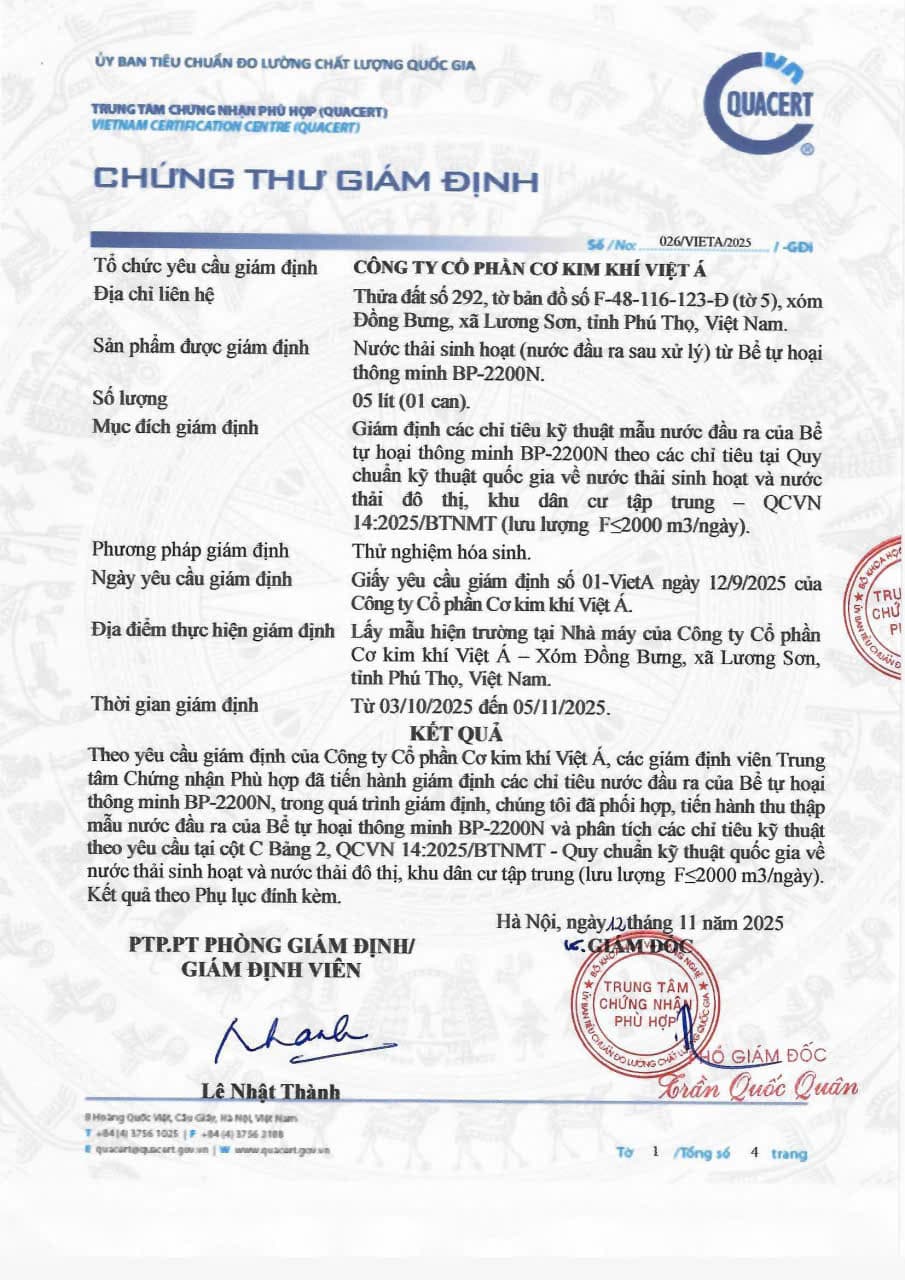 Chứng nhận An Toàn Vệ Sinh Nguồn Nước Bộ Y Tế